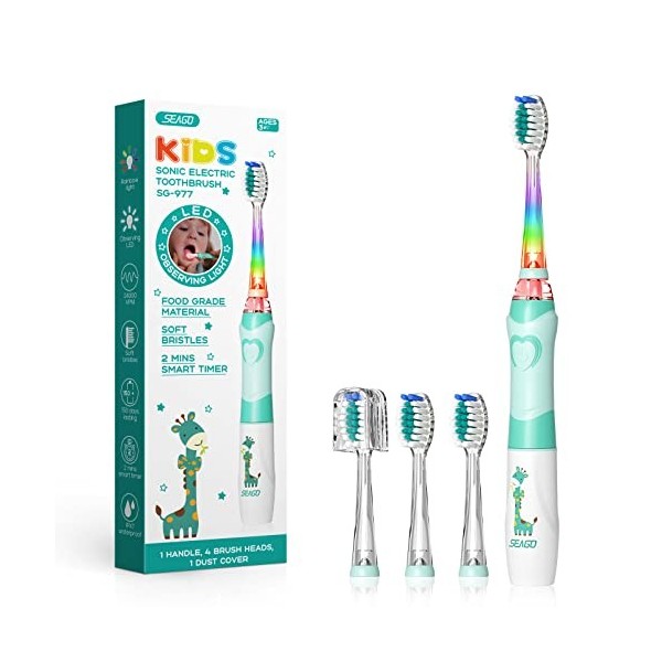 Seago Brosse à dents pour enfants avec lumière colorée, technologie Sonic et 3 têtes de extra douces, minuterie de 2 minutes,