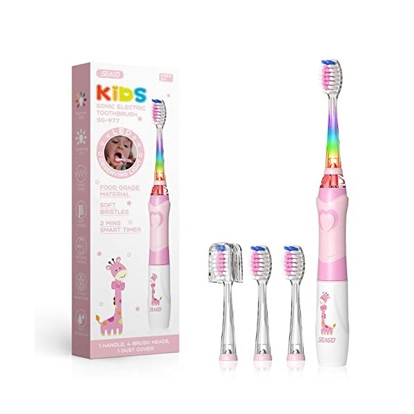 Seago Brosse à dents pour enfants avec lumière colorée, technologie Sonic et 3 têtes de extra douces, minuterie de 2 minutes,