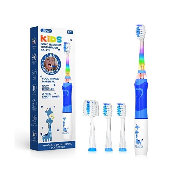 Seago Brosse à dents pour enfants avec lumière colorée, technologie Sonic et 3 têtes de extra douces, minuterie de 2 minutes,