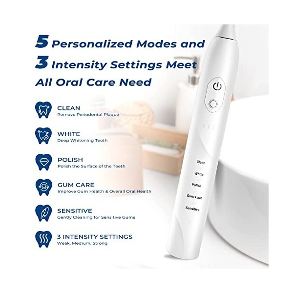 Brosse à dent électrique Brosse a dent Electrique Sonique Rechargeable avec 6 têtes de Brosse de Rechange, 5 modes et 3 Inten