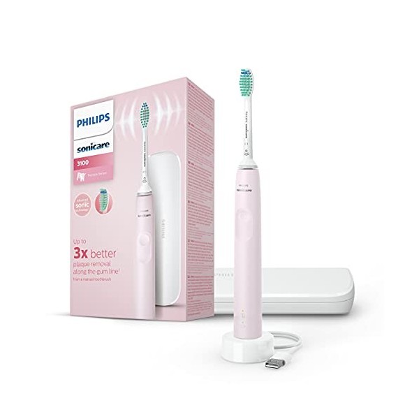 Philips Sonicare Série 3100 Brosse à dents électrique sonique avec capteur de pression intégré, étui de transport, Rose paste