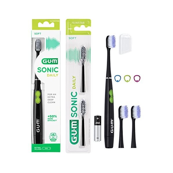 GUM SONIC DAILY Brosse à dents sonique électrique à piles | Pour un nettoyage en douceur et en profondeur | 1x brosse à dents