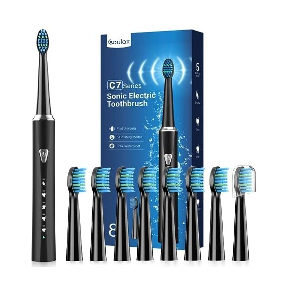Brosse À Dent Électrique Sonique Adultes avec 8 Têtes - Brosse À Dents Sonique pour Adultes et Enfant, 5 Modes, Étanche IPX7,...