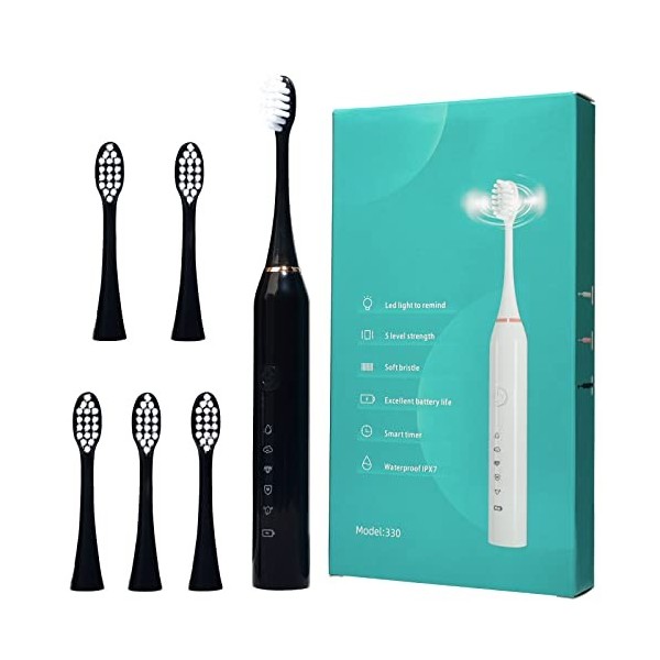 Y-Kelin Sonic Brosse à dents électrique pour adultes et enfants avec 6 têtes de brosse Blanc 