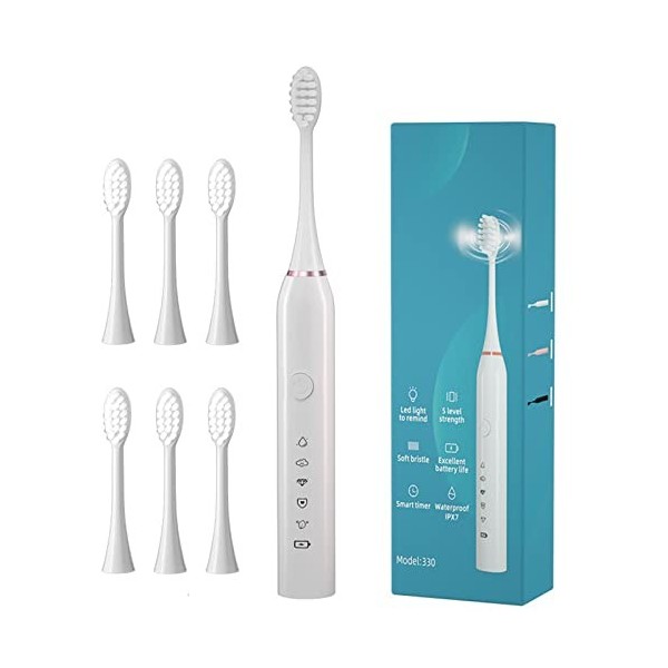 Y-Kelin Sonic Brosse à dents électrique pour adultes et enfants avec 6 têtes de brosse Blanc 