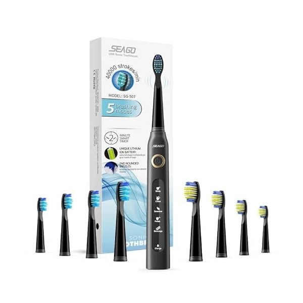 brosse à dent électrique, seago brosse a dent electrique rechargeable avec 8 têtes de brosse, 40000 vpm 5 modes minuteur de 2