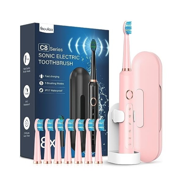 Brosses à Dents Électriques Soniques Adultes avec 8 Têtes - Brosse à Dents Électrique avec Étui de Voyage, 5 Modes et IPX7, B