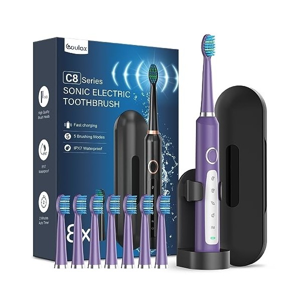 Brosses à Dents Électriques Soniques Adultes avec 8 Têtes - Brosse à Dents Électrique avec Étui de Voyage, 5 Modes et IPX7, B