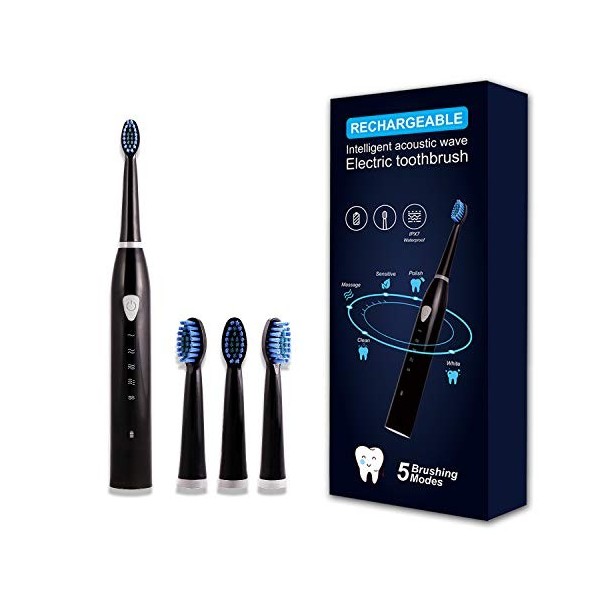 Brosse à Dents Électrique Sonique Rechargeable pour Adultes, 5 Modes, Minuterie 2 Minutes et 4 Têtes de Brosse noir 