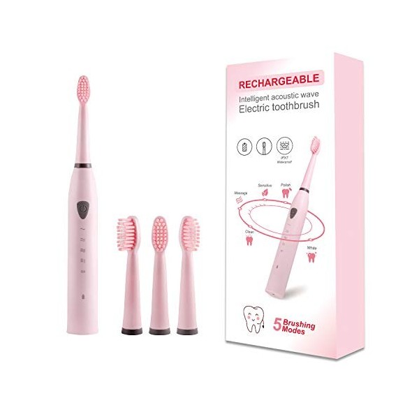 Brosse à Dents Électrique Sonique Rechargeable pour Adultes, 5 Modes, Minuterie 2 Minutes et 4 Têtes de Brosse noir 