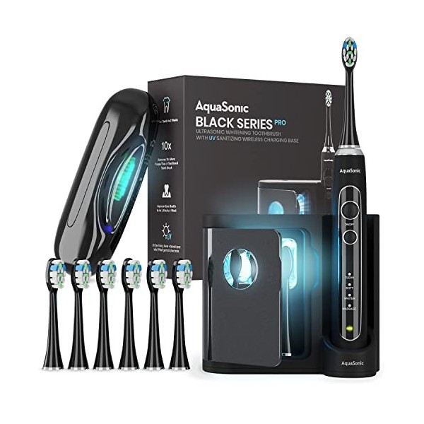 AquaSonic Black Series Pro,Brosse à dents ultra blanchissante avec base UV,4 modes et minuterie intelligente,Étui de voyage à