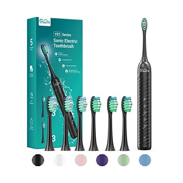 Brosse à dents électrique pour adultes avec 6 têtes de brosse - Brosse à dents électrique sonique avec support de brosse à de