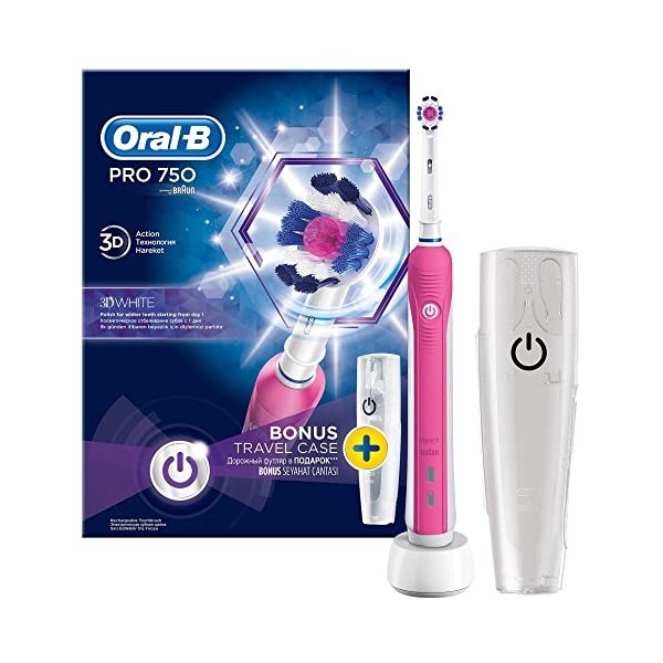 Oral-B Pro 750 Pink – Brosse à dents électrique avec étui de voyage, couleur rose