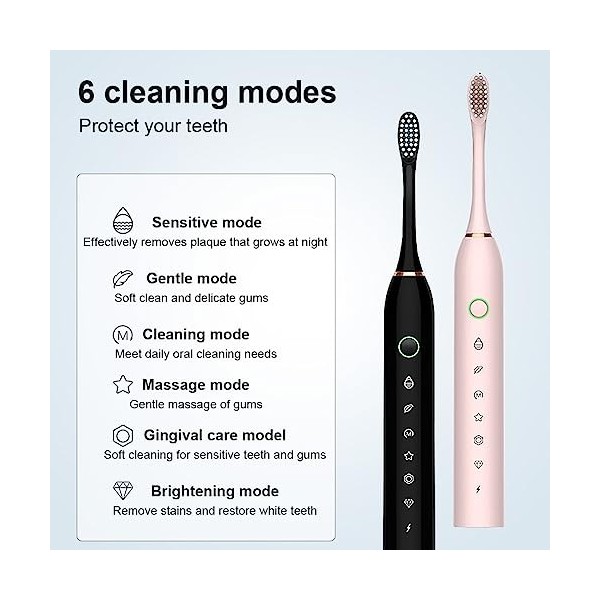 Lot de 2 brosses à dents électriques avec 8 brosses de rechange, IPX7 6 modes - Brosse à dents électrique sonique - Pour les 