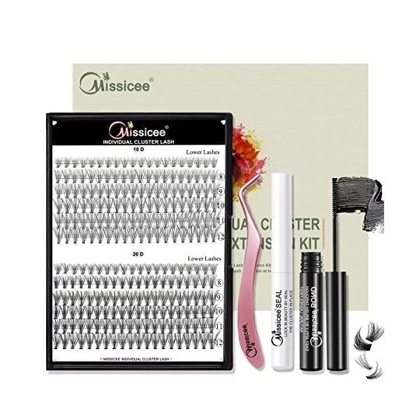 Faux Cils Individuel, Missicee Extension Cils Kit Volume Russe Réutilisable Cils individuels Avec 240 Pcs 10D/20D 8-12mm Clus