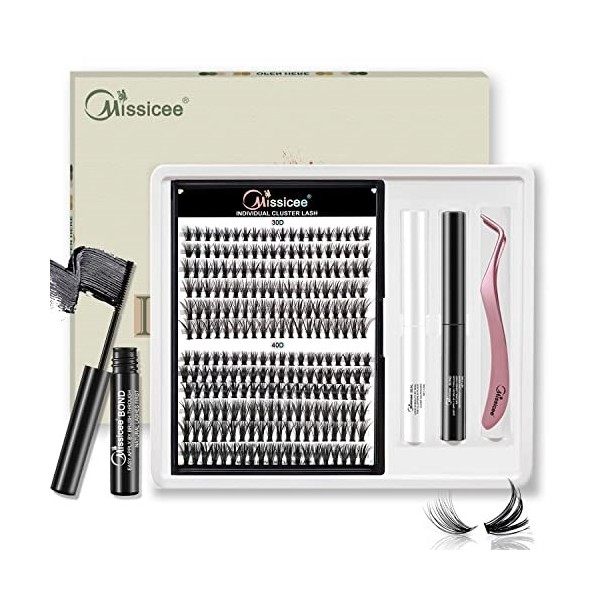 Faux Cils Individuel, Missicee Extension Cils Kit Volume Russe Réutilisable Cils individuels Avec 240 Pcs 10D/20D 8-12mm Clus