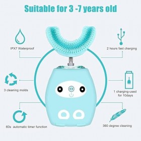 SHOPANTS Brosse à dents électrique en forme de U pour enfants - Minuteur automatique à ultrasons - Avec 3 modes de nettoyage 