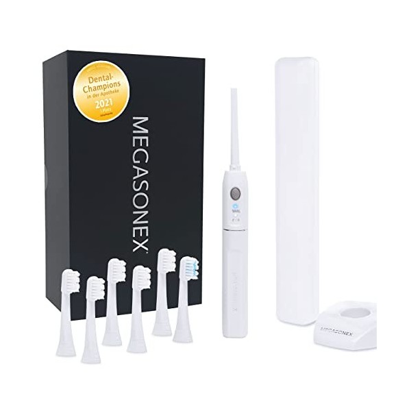 MEGASONEX Brosse à dents à ultrasons M8 - Avec 2 niveaux de vibrations - En plus de 4 têtes de brosse souples