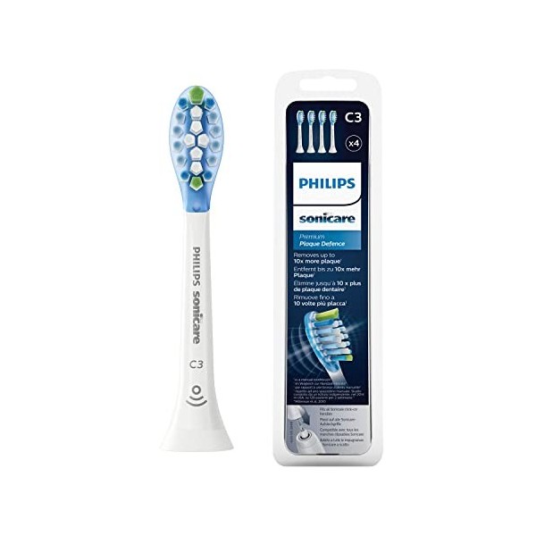 Philips Sonicare Lot de 4 têtes de brosses à dents électriques soniques C3 Premium Plaque Defence, Blanc Modèle HX9044/17 