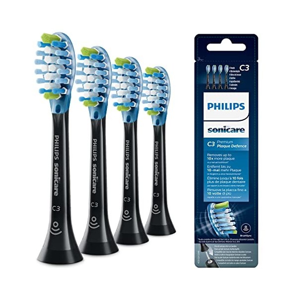 Philips Sonicare Lot de 4 têtes de brosses à dents électriques soniques C3 Premium Plaque Defence, Blanc Modèle HX9044/17 