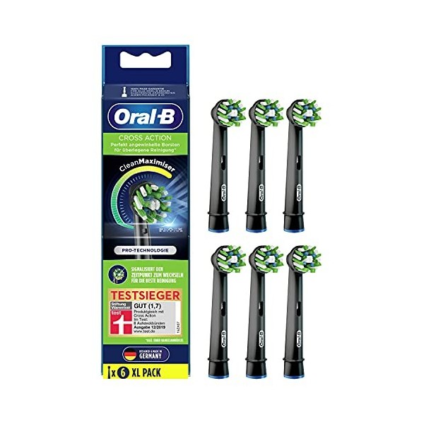 Oral-B CrossAction Black Edition Brush Heads with CleanMaximiser Bristles for Superior Cleaning, Pack of 6