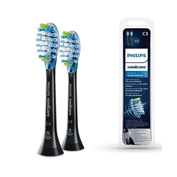 Philips Sonicare Lot de 2 têtes de brosses à dents électriques soniques C3 Premium Plaque Defence, Noir Modèle HX9042/33 