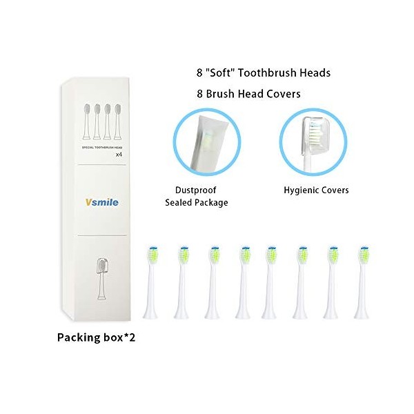 Vsmile Lot de 8 têtes de brosse à dents de rechange, type souple blanc 