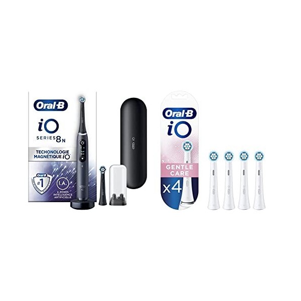 Oral-B iO 8N Brosse À Dents Électrique Noire connectée Bluetooth, 2 Brossettes, 1 Étui De Voyage & iO Gentle Care, Embout, Pa