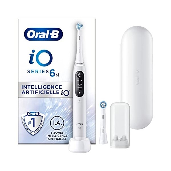 Oral-B iO 6N Brosse À Dents Électrique Blanche connectée Bluetooth, 2 Brossettes, 1 Étui De Voyage & iO Gentle Care, Embout, 