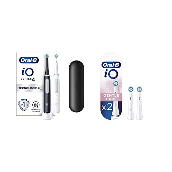 Oral-B iO 4 Lot De 2, Brosses À Dents Électriques Noire et Blanche connectées Bluetooth, 2 Brossettes, 1 Étui De Voyage & iO 