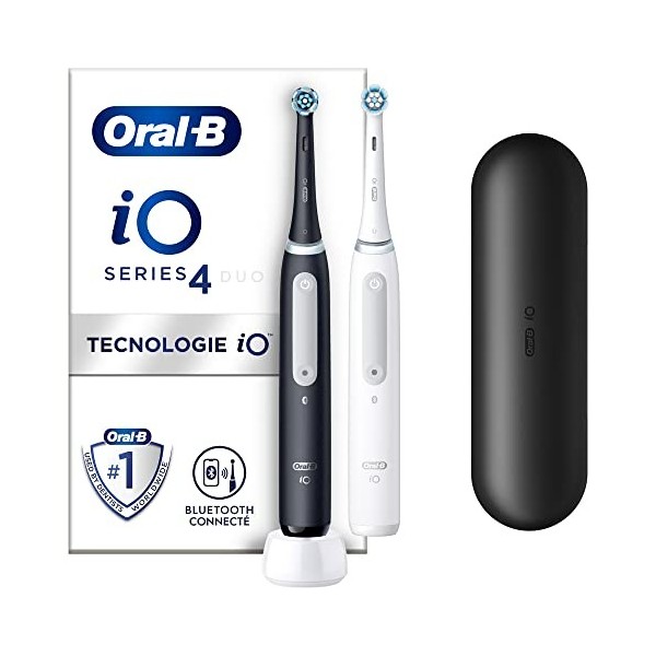 Oral-B iO 4 Lot De 2, Brosses À Dents Électriques Noire et Blanche connectées Bluetooth, 2 Brossettes, 1 Étui De Voyage & iO 