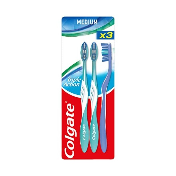 COLGATE - Brosse à Dents Triple Action Medium - Manche Avec 35% de Plastique Recyclé - Paquet de 3 Brosses à Dents