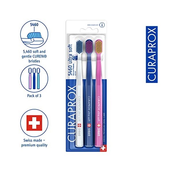 Curaprox CS5460PACK Handbrush Ultra doux, 3 pièces, couleurs assorties, couleur non sélectionnable 