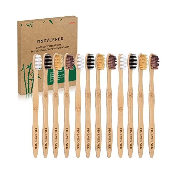 FINEVERNEK Brosses à Dents en Bambou, Lot de 12 Brosse à Dent Écologique, Poils Souples en Fibre de Charbon Végétal, Convient