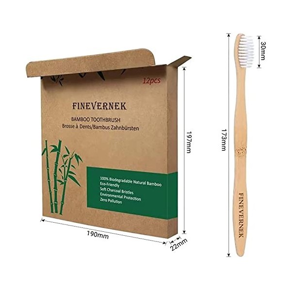 FINEVERNEK Brosses à Dents en Bambou, Lot de 12 Brosse à Dent Écologique, Poils Souples en Fibre de Charbon Végétal, Convient