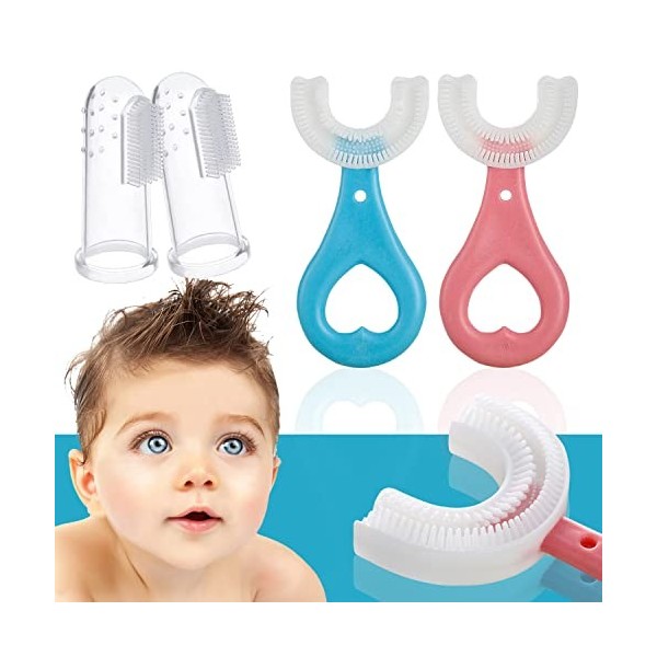 4 Pcs Brosse à Dent Enfant en Forme de U pour Enfant et Bébé avec Tête en Silicone, Masse les Gencives et Fournit un 360° Net