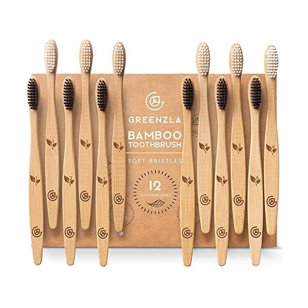 Greenzla Brosses à dents à poils souples en bambou paquet de 12 |sans BPA | Ensemble de brosses à dents naturel et écologiq