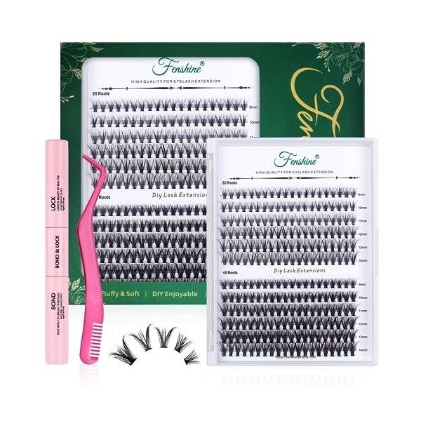 Fenshine Lot de 240 extensions de cils 10D/20D/40D Courbure 0,07 D/C Naturels Doux Individuels 9-14 mm, 0,07 D, Kit dextens