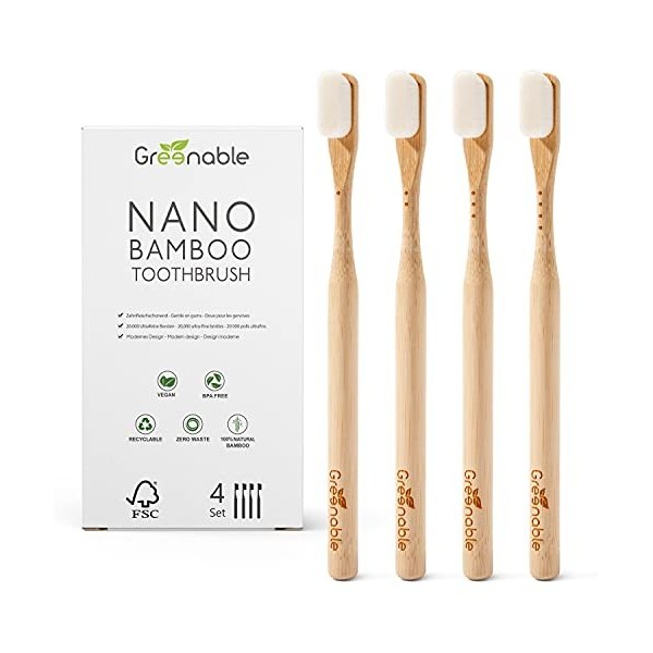 Greenable ® Nano Brosse à dents en bambou [Lot de 4] – 20 000 poils extra doux – 100 % sans BPA – Brosse à dents en bambou – 