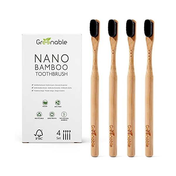 Greenable ® Nano Brosse à dents en bambou [Lot de 4] – 20 000 poils extra doux – 100 % sans BPA – Brosse à dents en bambou – 