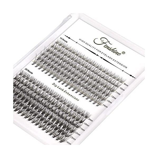 Fenshine Lot de 240 extensions de cils 10D/20D/40D Courbure 0,07 D/C Naturels Doux Individuels 9-14 mm, 0,07 D, Kit dextens