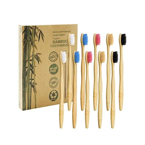 Brosse à Dents de Bambou Paquet de 10 - Brosse à Dents en Bambou à 5 couleurs - Poils Doux Naturels - Brosse à Dents en Bambo