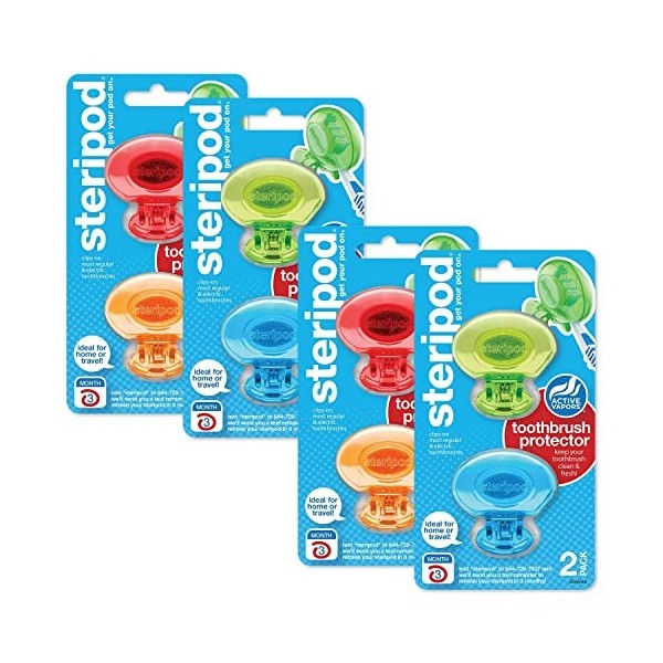 Steripod Lot de 8 protections pour brosse à dents à clipser Bleu/vert/rose/bleu/rouge/orange/bleu clair/vert clair 0,155 kg