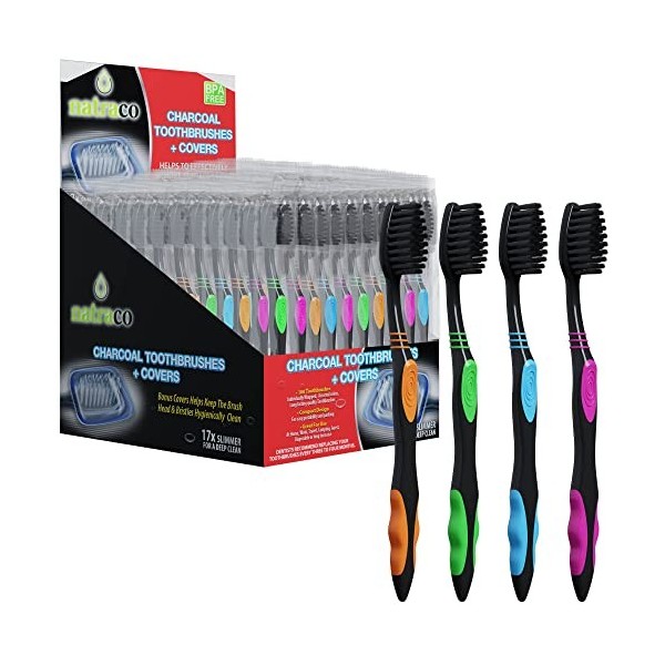 Natraco Lot de 100 brosses à dents au charbon de bois coloré infusé individuellement, parfaites pour les voyages, les soins e