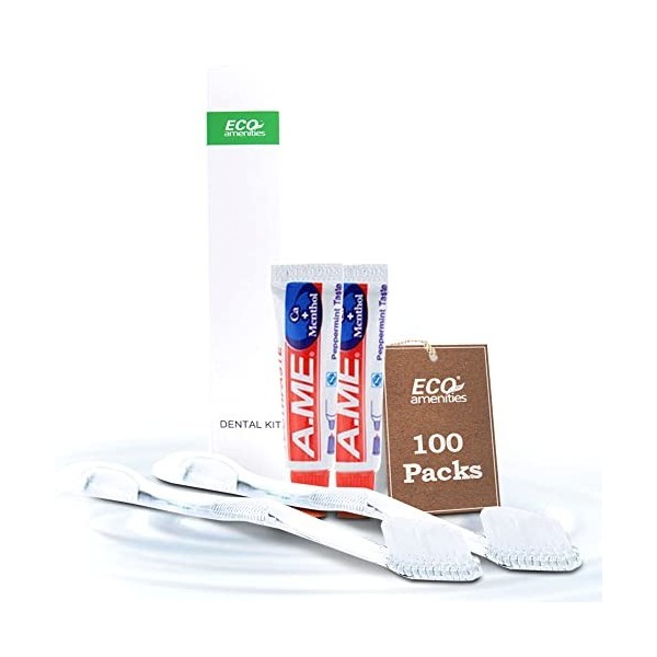 ECO Amenities Lot de 100 brosses à dents manuelles jetables avec dentifrice emballé individuellement