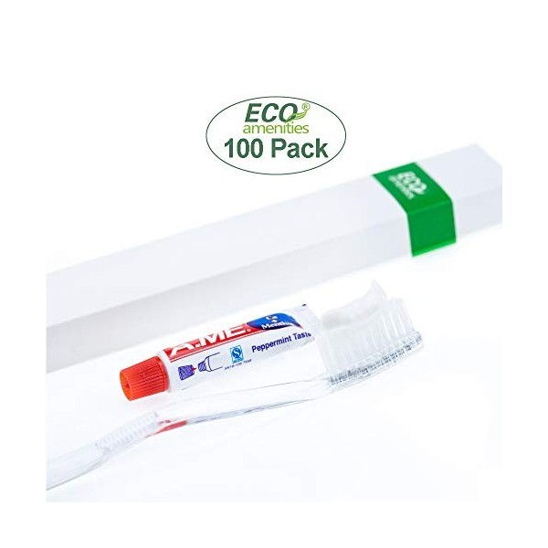 ECO Amenities Lot de 100 brosses à dents manuelles jetables avec dentifrice emballé individuellement