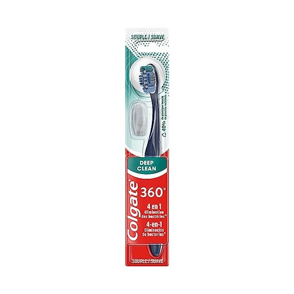 Colgate 360 Brosse à Dents Doux, Élimine les Bactéries buccales, Comprend Capuchon Pack de 12 pièces