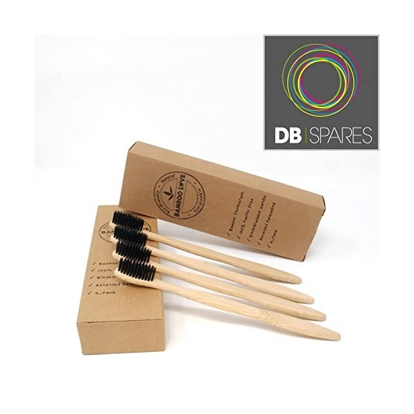 Lot de 4 brosses à dents en bambou à poils doux noirs entièrement recyclables/biodégradables