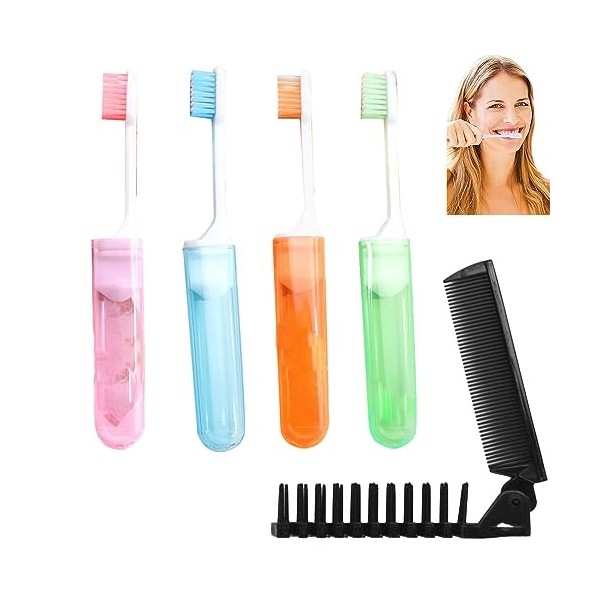 Lot de 4 brosses à dents de voyage manuelles pliantes portables avec poils souples, mini kit de petite brosse à dents avec pe