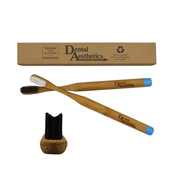 Lot de 2 brosses à dents orthodontiques en bambou ~ Poils en V noirs et blancs, respectueux de lenvironnement, biodégradable